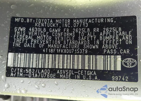 2013 Toyota Camry Xle from USA, damaged, VIN 4T1BF1FK8DU715379